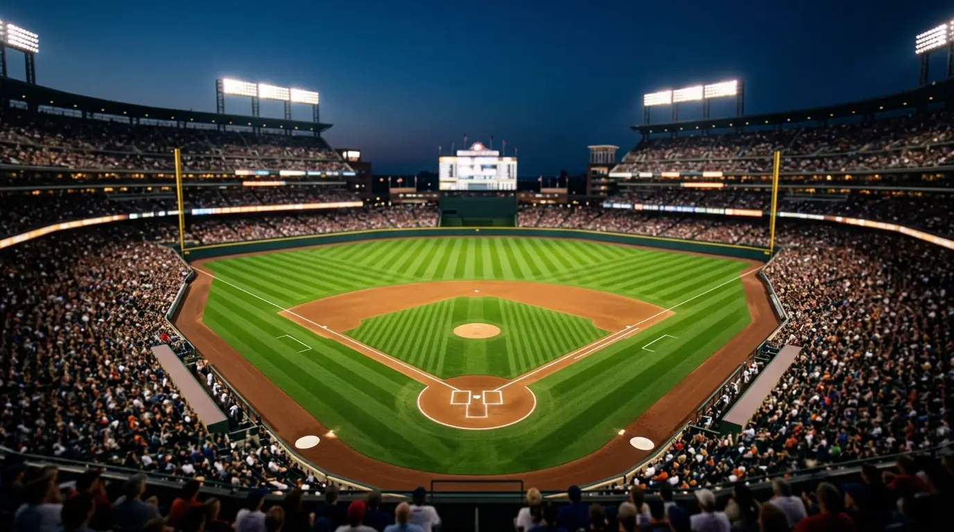 Apuestas de MLB: estadio de béisbol iluminado en partido nocturno