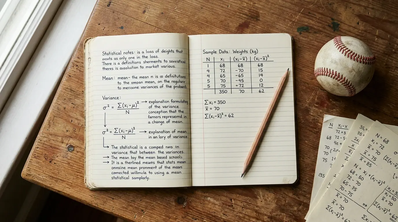 Cuaderno con anotaciones de estadísticas manuscritas sobre una mesa de madera junto a una pelota de béisbol y un lápiz