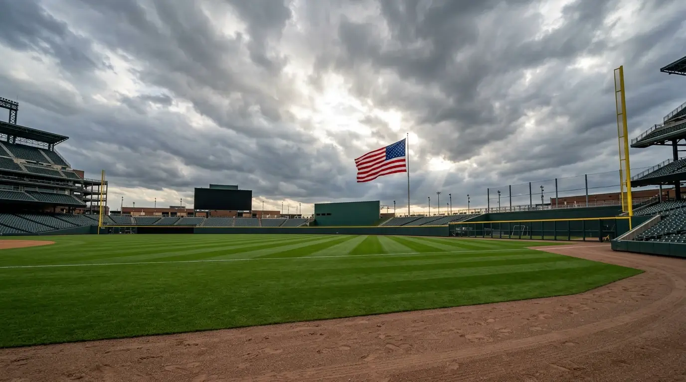 Estadio de MLB con cielo nublado y bandera al viento sobre el outfield
